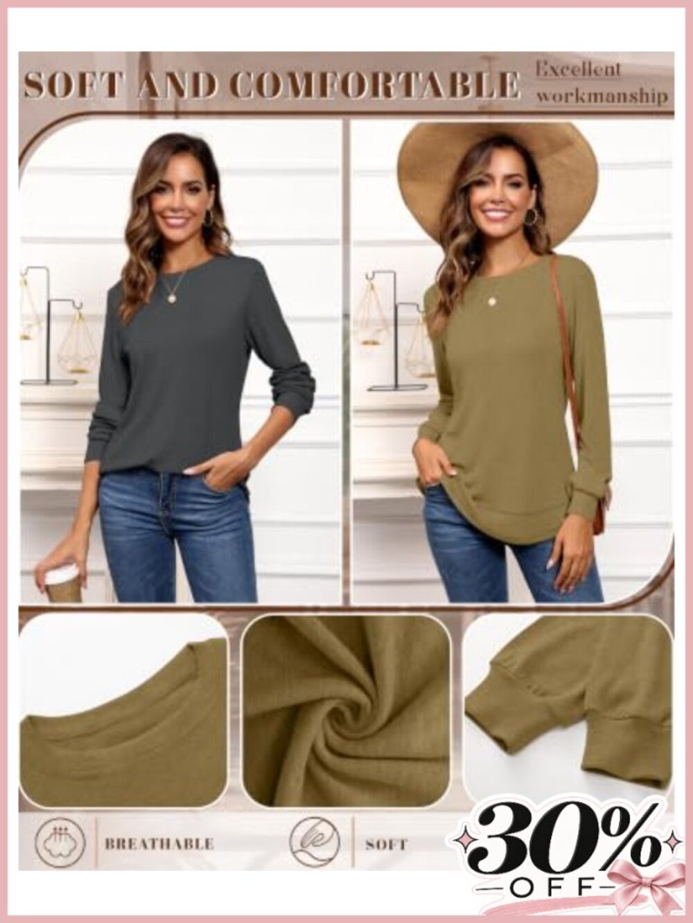 2 Pack Women's Crew Neck Long Sleeve Sweatshirts Cotton Spandex Pullover - Picture 4 of 4